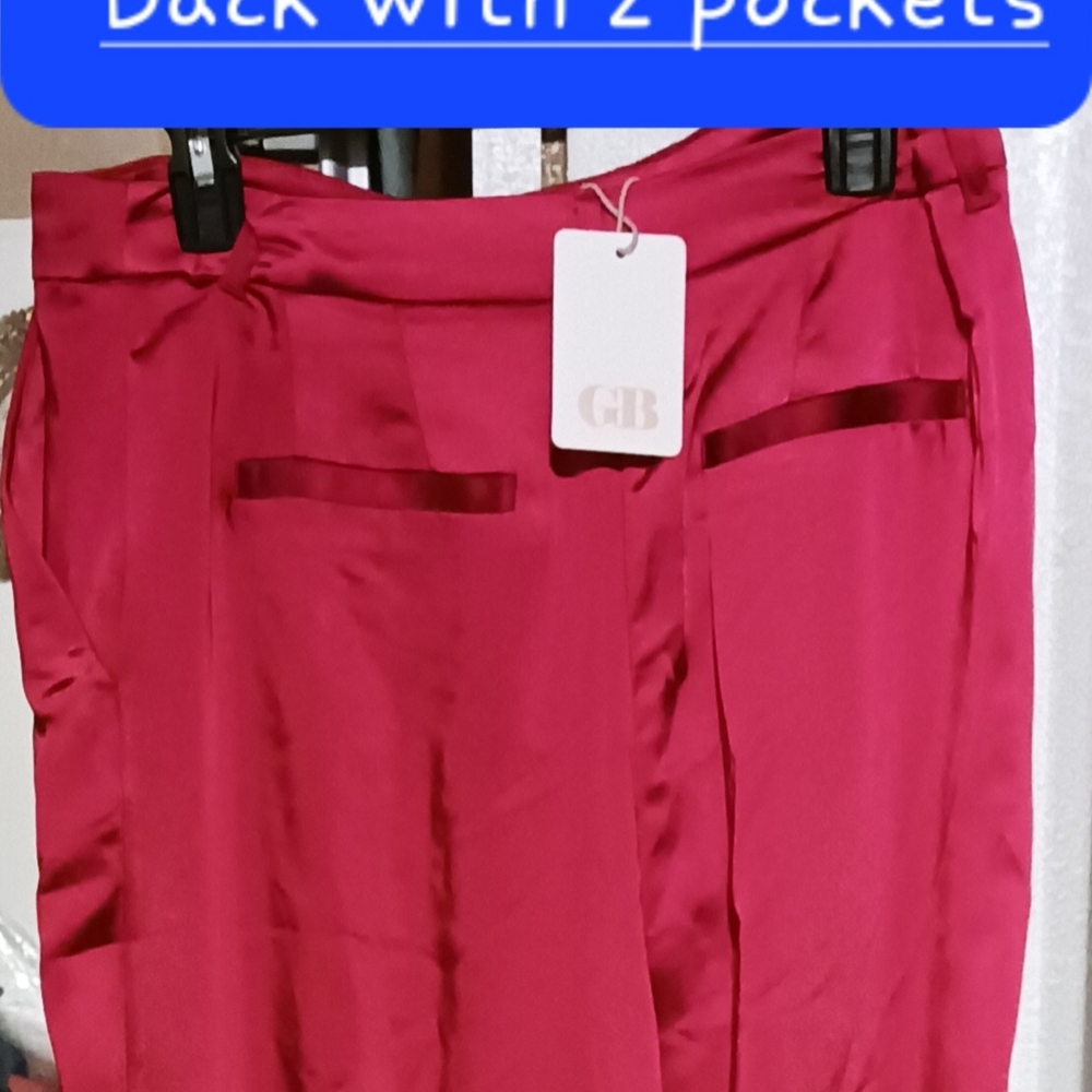 GB Red Satin Pants with Pockets,Front Zipper